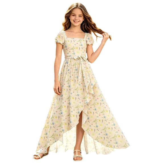 Toddler Girls Summer Dress Teen Elegant Floral Dress with Flowing Ruffle Trim for Or Party Dresses 5-6 Years