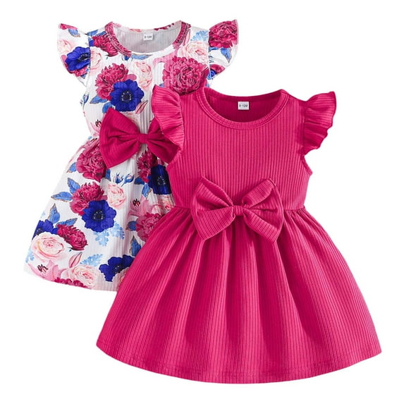 Toddler Girls Summer Dresses Casual Sleeveless Bow Knot Ruffled Hem Two Piece Set For Kids Size 12-18 Months