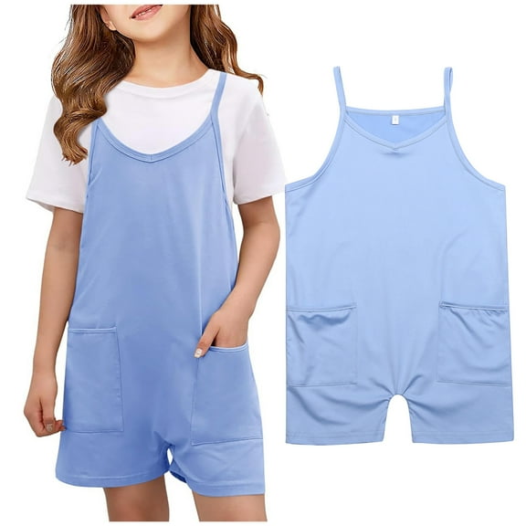 Toddler Girls Summer Jumpsuits Spaghetti Strap Rompers With Pockets V Neck Shorts Romper Cute Clothes For Girls 5-6T