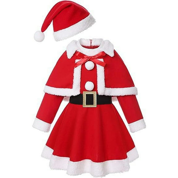 Toddler Girls Summer Outfit Girls Christmas Santa Red Long Sleeve Dress With Shawl Hat Belt Girls Xmas Dress Up Party Holiday Suit Red, 7-8 Years