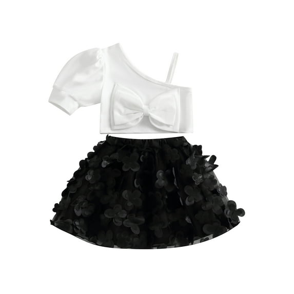 Toddler Girls Summer Outfit Sets Short Sleeve One Shoulder Bow Tops 3D Butterfly Skirt