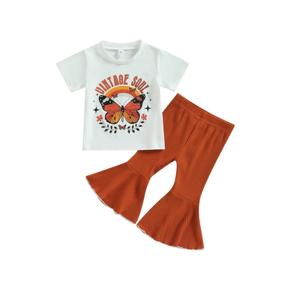 Toddler Girls Summer Outfit Sets White Short Sleeve O Neck Butterfly Print Tops Solid Color Flared Pants