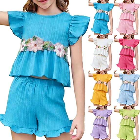 Toddler Girls Summer Outfit Sleeveless Ruffle Top and Elastic Shorts Set Kids Short Set for 1-8 Years 1-2Years Sky Blue