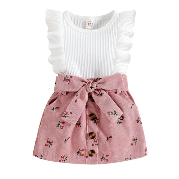 Toddler Girls Summer Outfit Sleeveless Solid Colour Ribbed Tops Floral Prints Bowknot Skirt Two Piece Clothes Set