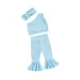 thumbnail image 1 of Toddler Girls Summer Outfits, One Shoulder Ribbed Tops + Elastic Waist Flare Pants + 3D Bow Headband Set, 1 of 8