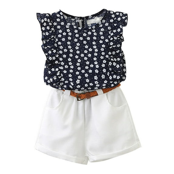Toddler Girls Summer Outfits Sleeveless Patchwork Floral Blouse Shorts Set with Belt Casual Clothes Size 2T