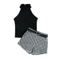 thumbnail image 1 of Toddler Girls Summer Outfits, Sleeveless Ribbed Solid Color Stand-Up Collar Tops + Houndstooth Short Pants + Waist Belt, 1 of 10