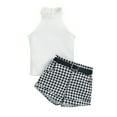 thumbnail image 1 of Toddler Girls Summer Outfits, Sleeveless Ribbed Solid Color Stand-Up Collar Tops + Houndstooth Short Pants + Waist Belt, 1 of 10