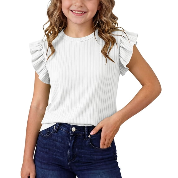 Toddler Girls Summer Ribbed Tops Ruffle Sleeve Casual Going Out Tee Shirts Cooling Crewneck Pullover Tshirt 2 Years, White