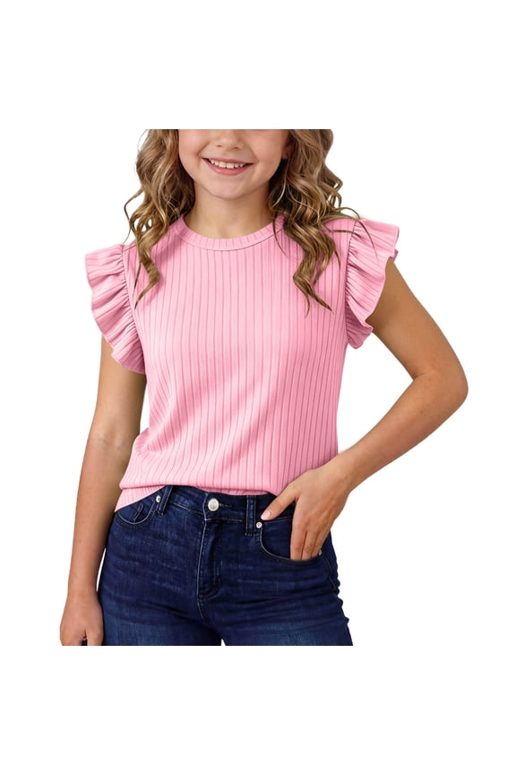Toddler Girls Summer Ribbed Tops Ruffle Sleeve Casual Going Out Tee Shirts Cooling Crewneck Pullover Tshirt 4 Years, Pink