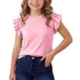 thumbnail image 1 of Toddler Girls Summer Ribbed Tops Ruffle Sleeve Casual Going Out Tee Shirts Cooling Crewneck Pullover Tshirt 6 Years, Pink, 1 of 7
