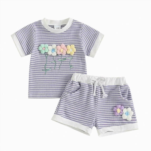 Toddler Girls Summer Sets Clothing 6-12 Months 2t 3t 4t 5t Children Cute Cartoons Printed Short Sleeve Cotton T-Shirt And Elastic Waist Shorts Sets Kids Outfit Beach Clothes Purple 5-6 Years