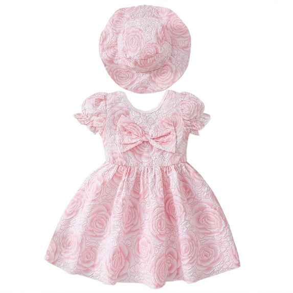 Toddler Girls Summer Short Sleeved Rose Print Sweet Bow Dress Princess Dress With Hat