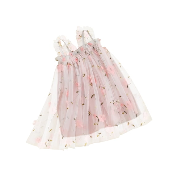 Toddler Girls Summer Sleeveless Dress, Sweet Flower Embroidery Tulle Patchwork A-line Slip Dress