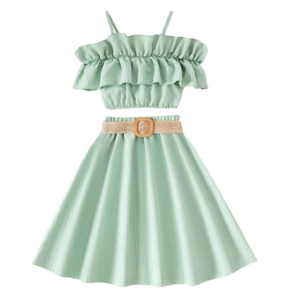 Toddler Girls Summer Sleeveless Solid Color Ruffles Tops Skirt With Belt 3PCS Outfits Clothes Set For Children Clothes,Size 9-10 Years