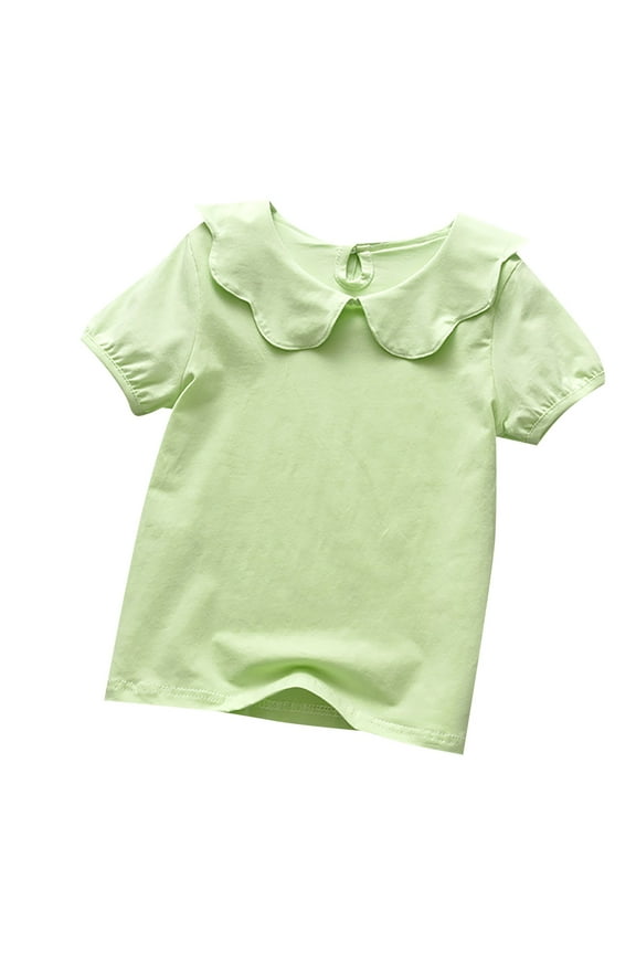 Toddler Girls Summer T Shirt Short Sleeve Peter Pan Collar Solid T-Shirt For 0 To 6 Years