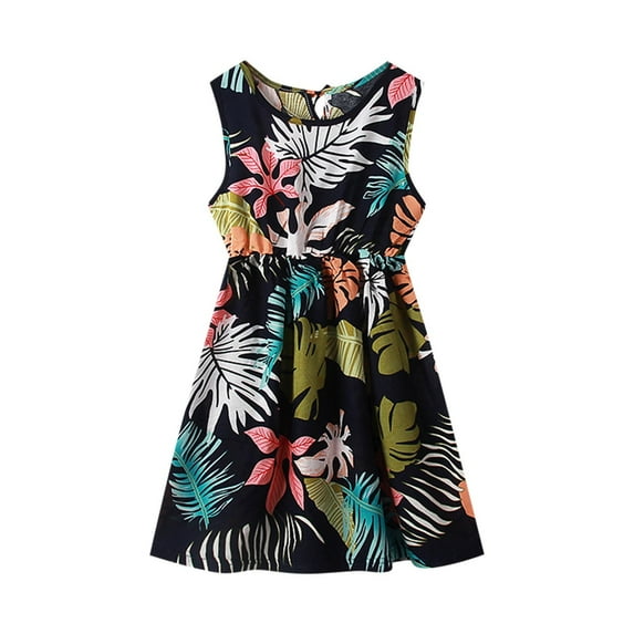Toddler Girls Summer Tank Dress Tropical Beach Vacation Dress Sleeveless Cotton Cute Hawaiian Outfits, Navy, 8 Years