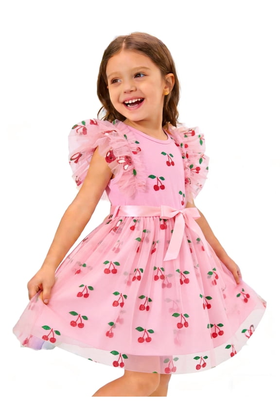 Toddler Girls Summer Tutu Dress Tulle Dresses Rainbow Sundress with Ruffled Sleeveless & Belt Party Princess Outfit for 5-6 Years Kids, Cherry