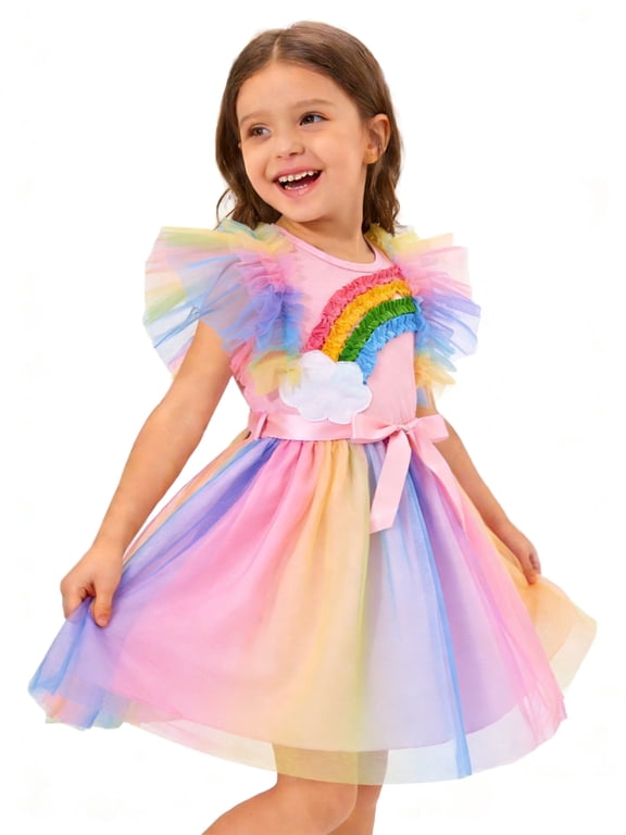 Toddler Girls Summer Tutu Dress Tulle Dresses Rainbow Sundress with Ruffled Sleeveless & Belt Party Princess Outfit for 5-6 Years Kids, Rainbow
