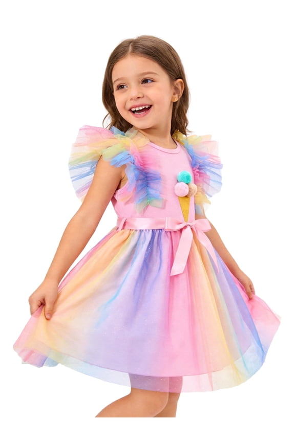 Toddler Girls Summer Tutu Dress Tulle Dresses Rainbow Sundress with Ruffled Sleeveless & Belt Party Princess Outfit for 6-7 Years Kids, Ice Cream