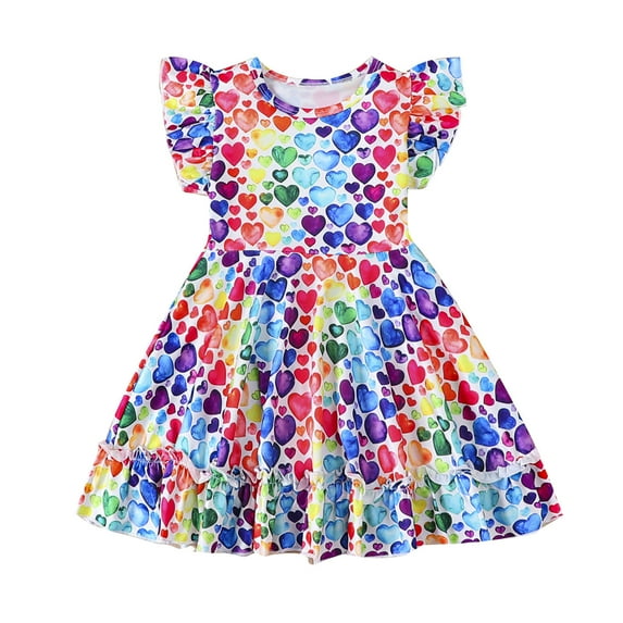 Toddler Girls Summer Valentine's Day Flying Sleeve Love Prints Princess Dress Casual Party Dinosaur Outfit for Girls Girl Christmas Dress Girls Pageant Dress 7-8 Girls Clothes Flower Girl Flowers