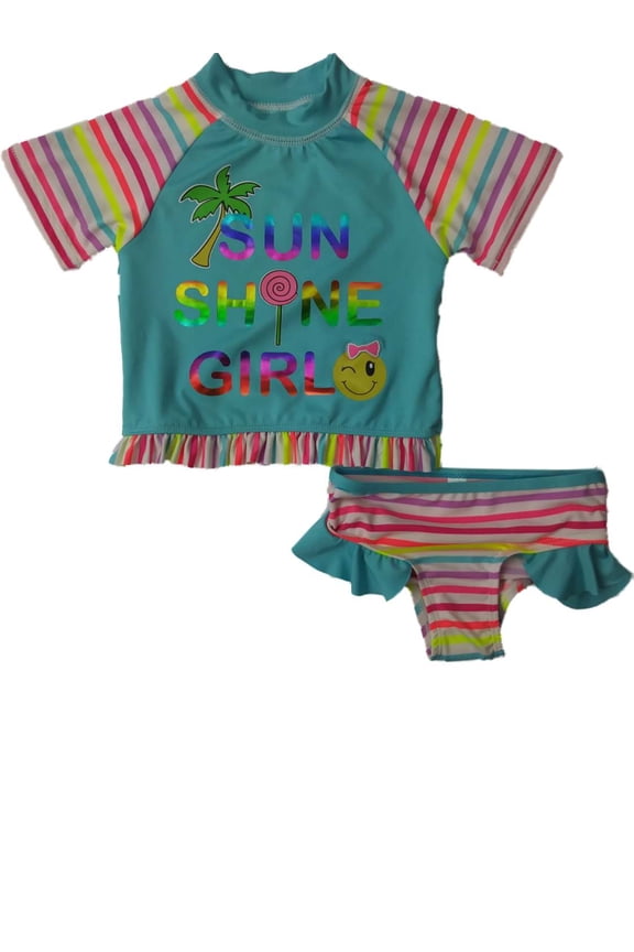 Toddler Girls Sun Shine Girl Winking Emoji 2-Pc Rash Guard Swimming Suit 2T