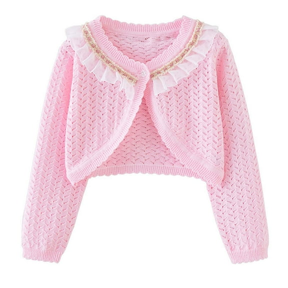 Toddler Girls' Sweater Knit Shrug Cardigan Lace Ruffle Hem Hollow Crop Bolero Jacket Open Front Dress Cover Up Pink 9-12 Months