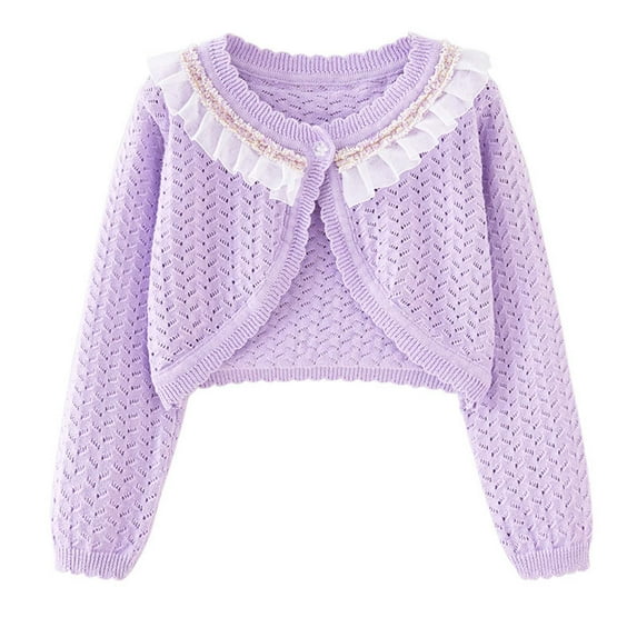 Toddler Girls' Sweater Knit Shrug Cardigan Lace Ruffle Hem Hollow Crop Bolero Jacket Open Front Dress Cover Up Purple 13-14 Years