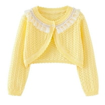 Toddler Girls' Sweater Knit Shrug Cardigan Lace Ruffle Hem Hollow Crop Bolero Jacket Open Front Dress Cover Up Yellow 3-4 Years