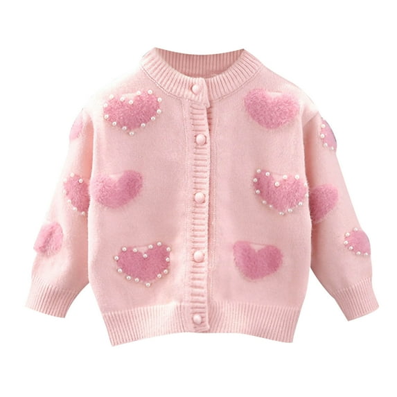 Toddler Girls Sweaters Knitted Buttons Long Sleeve Cardigans Pearl Love Heart Knit Soft Girls Sweater 1T-2T