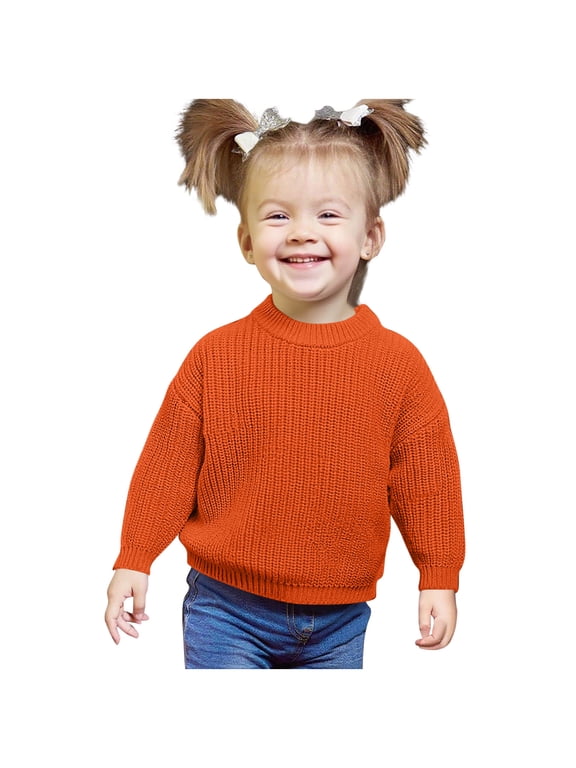 Toddler Girls Sweaters Long Sleeve Chunky Knit Basic Sweater Crewneck Kids Cotton Warm Solid Tops Orange, 5-6 Y