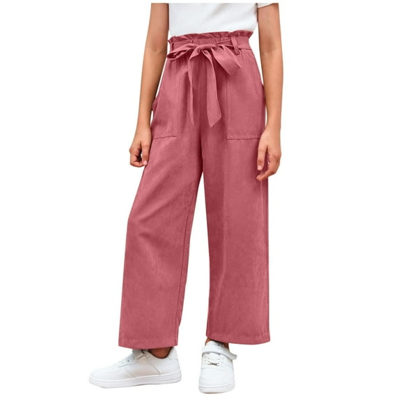 Toddler Girls Sweatpants New Teen Girls Plus Size Pants Lightweight Wide Leg High Waist Tie Knot Casual Loose Trousers with Pockets Watermelon Red 120