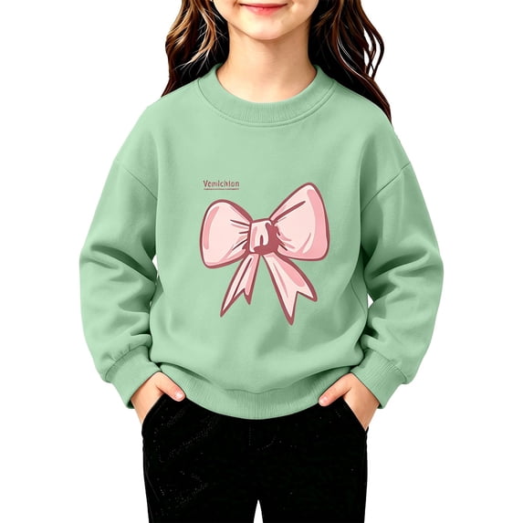 Toddler Girls Sweatshirt Cotton Crew Neck Bow Graphic Fall Winter Pullover
