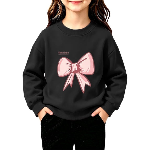Toddler Girls Sweatshirt Cotton Crew Neck Bow Graphic Fall Winter Pullover