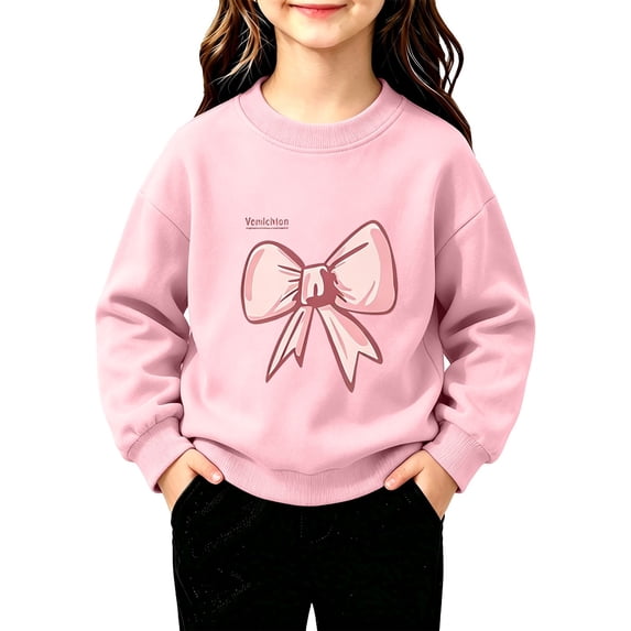 Toddler Girls Sweatshirt Cotton Crew Neck Bow Graphic Fall Winter Pullover