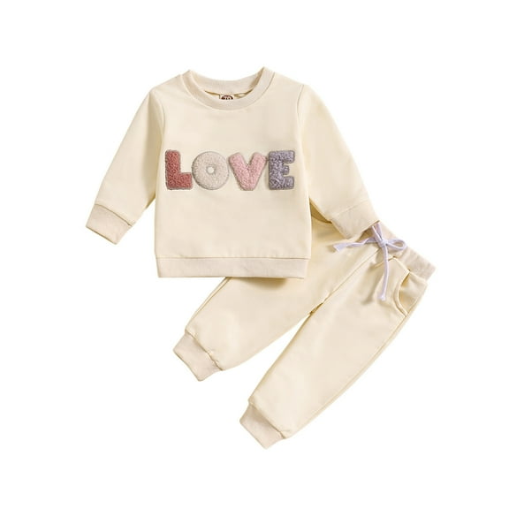 Toddler Girls Sweatsuit Set Valentine's Day 2 Piece Love Orint Fleece Hooded Sweatshirt and Jogger Sweatpants for Girls Beige 18 M-24 M