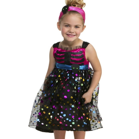 Toddler Girls Sweet Skeleton Costume with Polka Dot Dress & Headband 2T