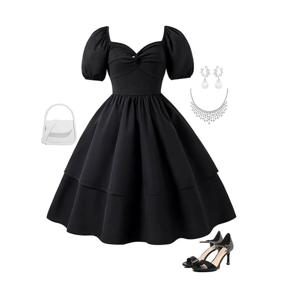 Toddler Girls Sweetheart Neck Bubble Sleeve Hepburn Style Little Black Dress Princess Formal Gown Black 7 Y-8 Y