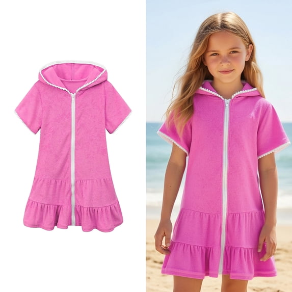 Toddler Girls Swim Suit Cover Up Zipper Hooded Pink Girls Towel Cover Up Girls Towel Dress 2-3 Years Bathing Suit Girl