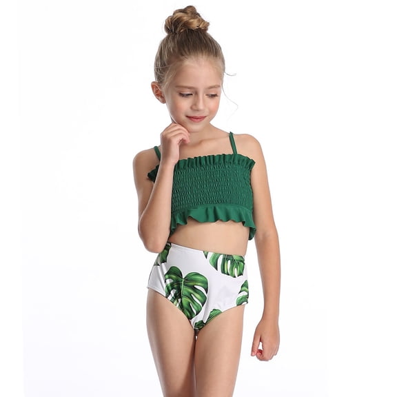 Toddler Girls Swimming Suit Daughter Leaves Print Ruffle 2 Piece Tankini Set Plus Size Swimwear Size 10-12 Years