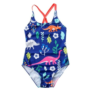 Toddler Girls Swimsuit Cute Cartoon Dinosaur Print 1 Piece Bathing Suit Summer Beach Bikini Swimwear Blue 7-8 Years