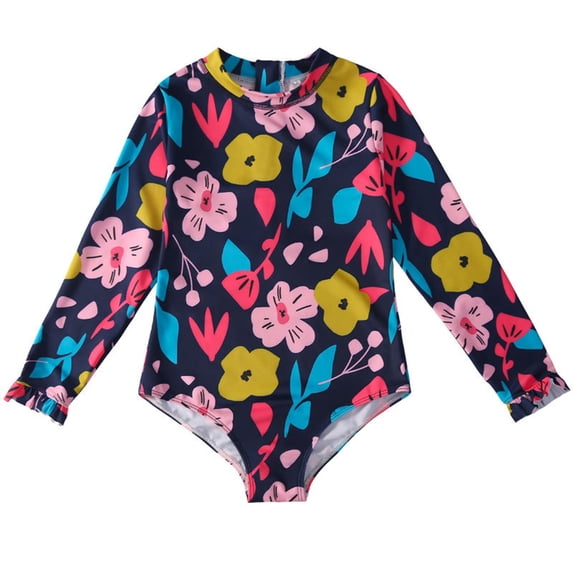 Toddler Girls Swimsuit Long Sleeve Floral Printing Beach Baby Bathing Suit One Piece Swimwear for Girls Size 6-7T