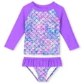 thumbnail image 1 of Girls 2-Piece Swimsuit Set Long Sleeve Rash Guard UPF 50+ Ruffle Bottom Summer Beach Bathing Suit Sizes 1-8Y, 1 of 7