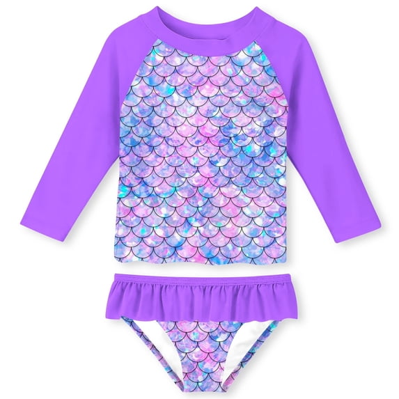 Girls 2-Piece Swimsuit Set Long Sleeve Rash Guard UPF 50+ Ruffle Bottom Summer Beach Bathing Suit Sizes 1-8Y