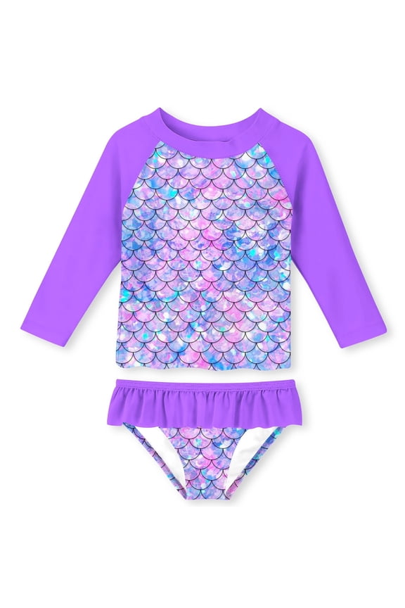 Girls 2-Piece Swimsuit Set Long Sleeve Rash Guard UPF 50+ Ruffle Bottom Summer Beach Bathing Suit Sizes 1-8Y