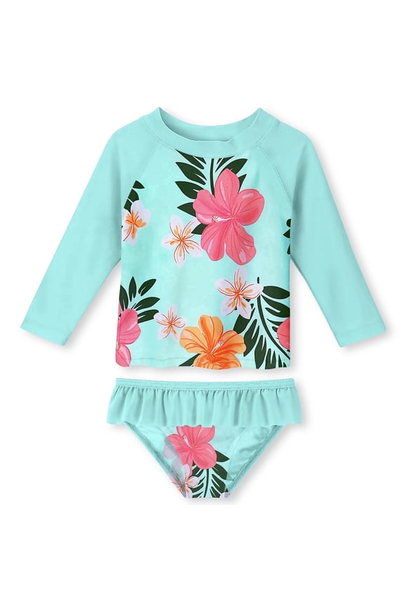 Girls 2-Piece Swimsuit Set Long Sleeve Rash Guard UPF 50+ Ruffle Bottom Summer Beach Bathing Suit Sizes 1-8Y