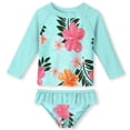 thumbnail image 1 of Girls 2-Piece Swimsuit Set Long Sleeve Rash Guard UPF 50+ Ruffle Bottom Summer Beach Bathing Suit Sizes 1-8Y, 1 of 8