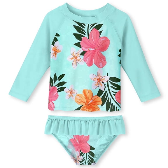 Girls 2-Piece Swimsuit Set Long Sleeve Rash Guard UPF 50+ Ruffle Bottom Summer Beach Bathing Suit Sizes 1-8Y