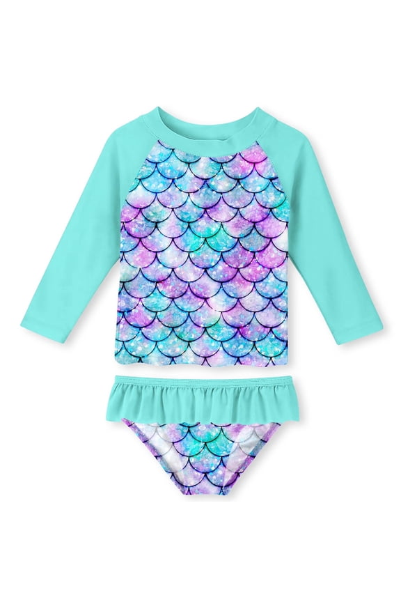 Girls 2-Piece Swimsuit Set Long Sleeve Rash Guard UPF 50+ Ruffle Bottom Summer Beach Bathing Suit Sizes 2-9Y