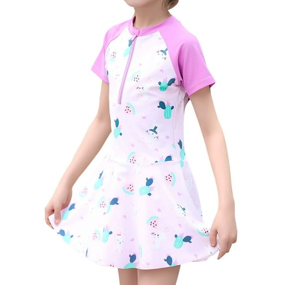 Toddler Girls Swimsuit Short Sleeve Swimdress One Piece Bathing Suits for Teens Beachwear Swimwear Light L